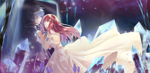 Anime picture 1300x635 with fairy tail erza scarlet jellal fernandes achiba (artist) long hair short hair blue eyes red eyes wide image bare shoulders blue hair red hair tattoo girl dress boy crystal