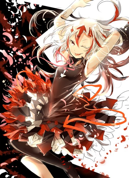 Anime picture 1000x1375 with touhou kijin seija shigureru single long hair tall image looking at viewer red eyes white hair red hair one eye closed multicolored hair wink two-tone hair armpit (armpits) arms behind head jumping girl dress petals