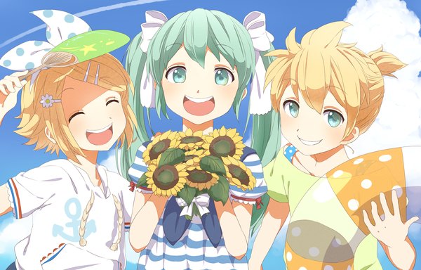 Anime picture 2149x1377 with vocaloid hatsune miku kagamine rin kagamine len kana (okitasougo222) long hair looking at viewer blush highres short hair open mouth blonde hair smile twintails multiple girls holding sky cloud (clouds) ponytail eyes closed