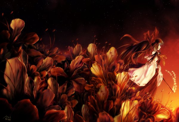 Anime picture 1077x737 with touhou hakurei reimu archlich long hair night sky miko space girl flower (flowers) bow hair bow