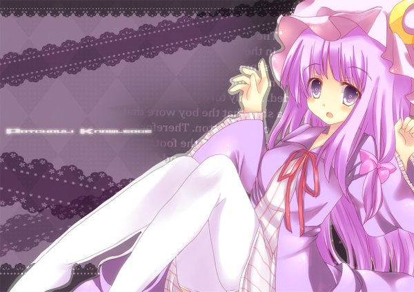 Anime picture 1222x865 with touhou patchouli knowledge hatano h single long hair blush open mouth purple eyes purple hair girl dress bow hair bow bonnet