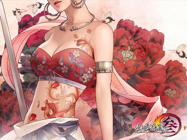 Anime picture 1024x768 with zhang xiao bai single breasts bare shoulders cleavage lips realistic midriff tattoo piercing floral background girl navel flower (flowers) weapon earrings sword bracelet katana necklace