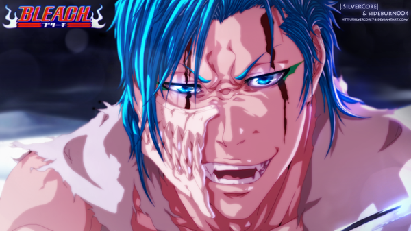Anime picture 1124x633 with bleach studio pierrot grimmjow jeagerjaques silvercore94 single short hair open mouth blue eyes smile wide image blue hair inscription coloring torn clothes close-up face espada boy blood mask