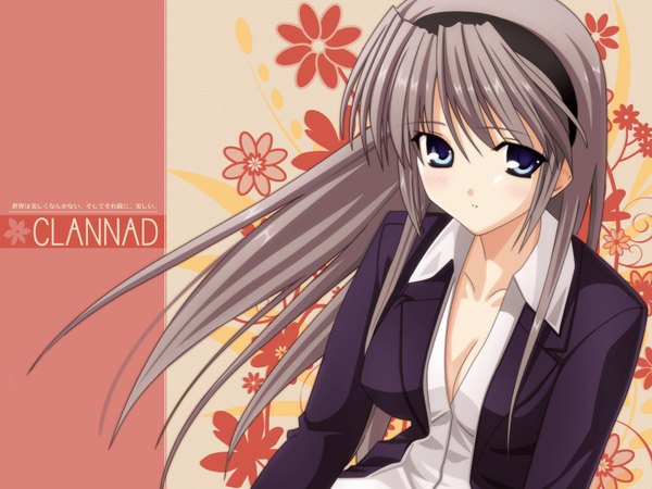 Anime picture 1600x1200 with clannad key (studio) sakagami tomoyo single long hair looking at viewer fringe blue eyes payot cleavage upper body green hair copyright name floating hair floral print girl shirt white shirt headband