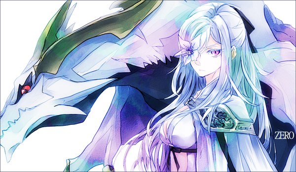 Anime picture 1202x702 with drakengard zero (drag-on dragoon) mikhail (drag-on dragoon) single long hair looking at viewer fringe breasts red eyes wide image large breasts white background cleavage white hair head tilt horn (horns) half updo pale skin white skin flower over eye