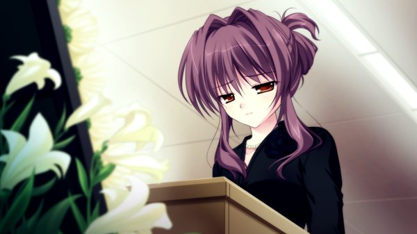 Anime picture 1280x720 with root double tachibana kazami short hair red eyes wide image game cg purple hair girl flower (flowers)