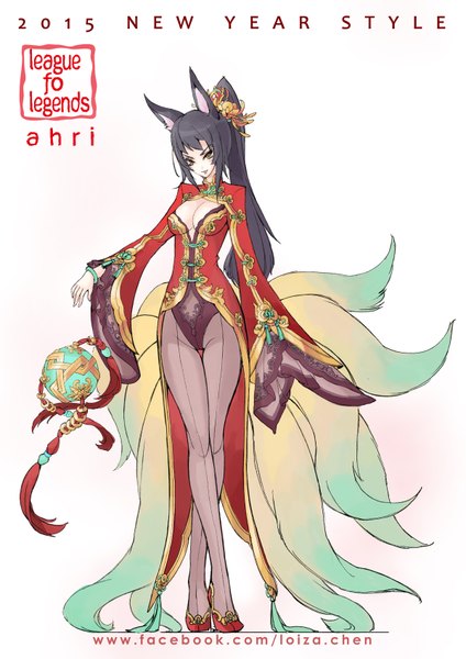 Anime picture 1200x1697 with league of legends ahri (league of legends) loiza single long hair tall image fringe breasts light erotic black hair simple background smile white background animal ears yellow eyes cleavage ponytail tail animal tail wide sleeves