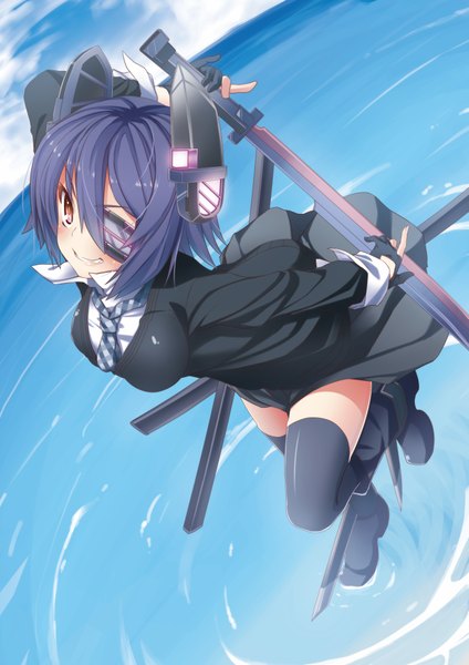 Anime picture 2893x4092 with kantai collection tenryuu light cruiser wakagi repa single tall image blush highres short hair smile red eyes blue hair girl thighhighs dress hair ornament weapon black thighhighs sword boots sea