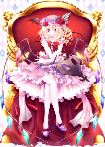 Anime picture 1000x1405 with touhou flandre scarlet riichu single tall image short hair open mouth blonde hair red eyes sitting tail girl thighhighs dress flower (flowers) weapon white thighhighs wings bonnet crystal