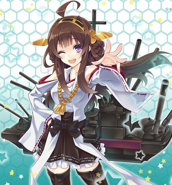 Anime picture 932x1000 with kantai collection kongou battleship urabi (tomatohouse) single long hair tall image blush open mouth brown hair purple eyes ahoge one eye closed wink nontraditional miko girl hair ornament detached sleeves star (symbol)