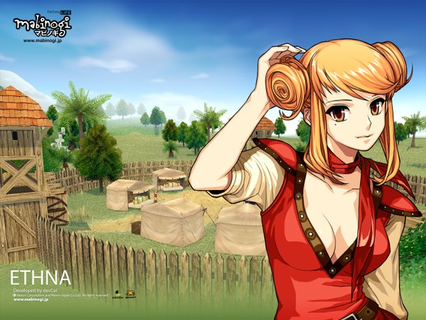 Anime picture 1280x960 with mabinogi ethna (mabinogi) single looking at viewer short hair breasts blonde hair brown eyes sky cleavage cloud (clouds) upper body arm up mole no bra official art hair bun (hair buns) copyright name character names mole under eye