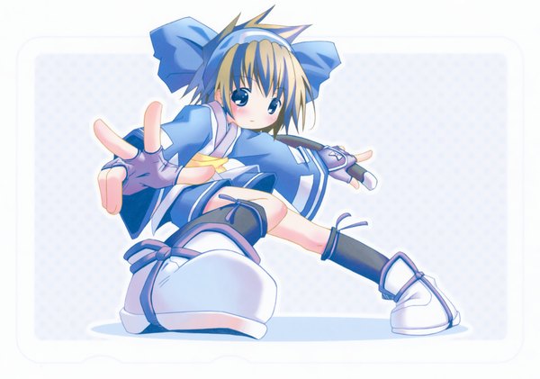 Anime picture 2650x1860 with pop looking at viewer highres short hair traditional clothes japanese clothes scan chibi posing gloves weapon socks shorts boots kimono fingerless gloves black socks