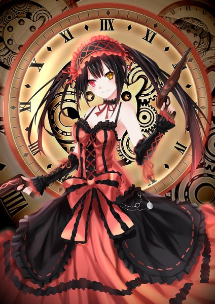 Anime picture 2480x3507 with date a live tokisaki kurumi yeluno meng single long hair tall image looking at viewer highres black hair twintails bare shoulders heterochromia girl dress bow weapon detached sleeves frills headdress gun
