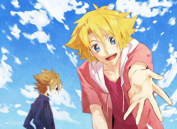Anime picture 1100x806 with cardfight!! vanguard miwa taishi kai toshiki shionin short hair open mouth blue eyes blonde hair smile brown hair sky cloud (clouds) eyes closed profile hands in pockets boy hoodie