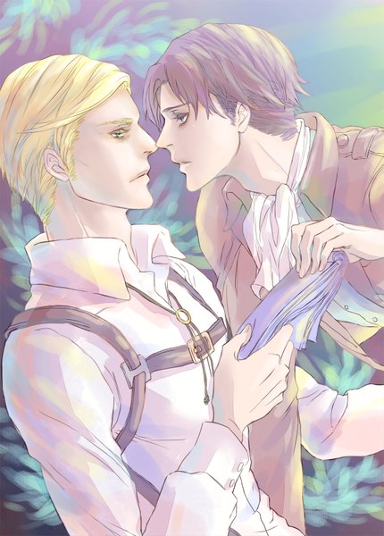 Anime picture 1181x1646 with shingeki no kyojin production i.g levi (rivaille) erwin smith atlantis tall image short hair blue eyes blonde hair brown hair profile multiple boys grey eyes shounen ai almost kiss boy belt 2 boys neckerchief notebook