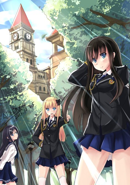 Anime picture 2480x3507 with original allenes long hair tall image blush highres open mouth blue eyes black hair blonde hair multiple girls signed girl thighhighs skirt uniform plant (plants) school uniform white thighhighs tree (trees)