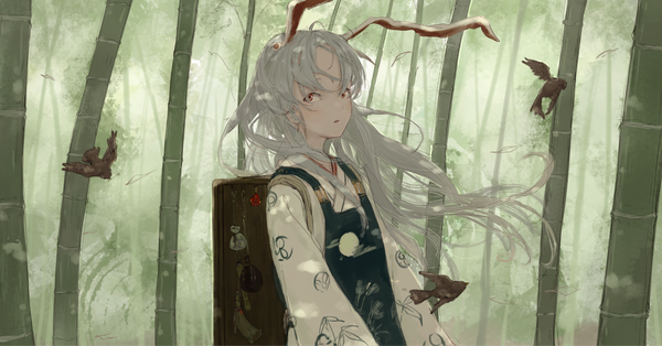 Anime picture 1382x725 with touhou reisen udongein inaba yushika single long hair looking at viewer red eyes wide image animal ears silver hair upper body traditional clothes japanese clothes wind bunny ears alternate costume alternate hair color bamboo forest girl plant (plants)