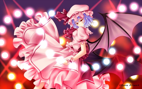 Anime picture 1299x822 with touhou remilia scarlet villyane single blush short hair smile red eyes purple hair looking back light bat wings girl dress bonnet