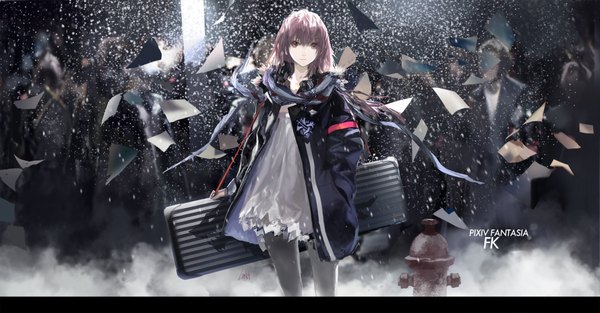 Anime picture 1920x1003 with original pixiv fantasia pixiv fantasia fallen kings lin+ looking at viewer highres short hair wide image signed pink hair pink eyes wind inscription depth of field snowing winter hand in pocket revision fog girl