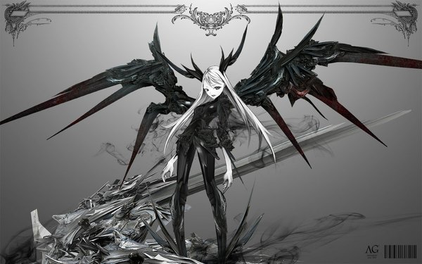 Anime picture 1024x640 with original yuya togashi single long hair standing looking away white hair horn (horns) monochrome smoke mechanical wings girl wings armor