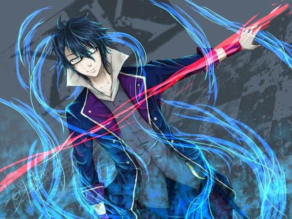 Anime picture 1024x768 with k-project gohands (studio) munakata reishi single looking at viewer short hair blue eyes black hair smile glowing open collar boy glasses