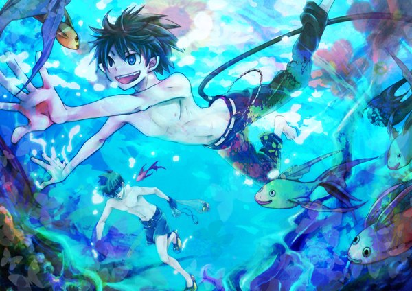 Anime picture 1500x1061 with ao no exorcist a-1 pictures okumura rin okumura yukio gepangopin open mouth blue eyes black hair pointy ears teeth topless underwater sharp teeth swimming boy gloves shorts pants fish (fishes)