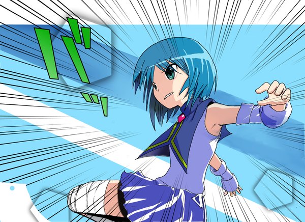 Anime picture 4211x3060 with original arkamui single highres short hair blue hair looking away absurdres aqua eyes spread arms clenched teeth girl skirt detached sleeves bandage (bandages)