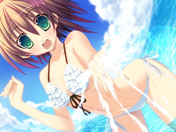 Anime picture 1600x1200 with chuu koi - shojochuu wa chuuko ni koishiteru short hair brown hair green eyes game cg girl swimsuit bikini white bikini