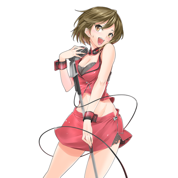 Anime picture 2048x2048 with uchi no hime-sama ga ichiban kawaii vocaloid meiko meiko (vocaloid3) tagme (artist) single highres short hair open mouth smile brown hair bare shoulders brown eyes looking away nail polish bare belly midriff transparent background girl skirt