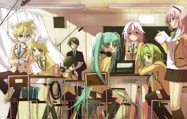 Anime picture 2000x1276 with vocaloid hatsune miku megurine luka kagamine rin kagamine len gumi ia (vocaloid) kaai yuki hiyama kiyoteru hekicha long hair looking at viewer fringe highres short hair breasts open mouth blue eyes standing sitting