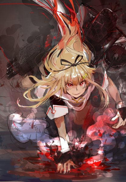 Anime picture 830x1200 with kantai collection yuudachi destroyer cus-tom single long hair tall image looking at viewer blonde hair red eyes remodel (kantai collection) girl gloves hair ornament ribbon (ribbons) weapon hair ribbon scarf fingerless gloves gun blood