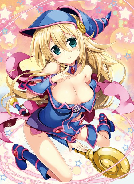 Anime picture 600x825 with yu-gi-oh! yu-gi-oh! duel monsters dark magician girl fujima takuya single long hair tall image looking at viewer blush fringe breasts light erotic blonde hair smile hair between eyes large breasts bare shoulders green eyes cleavage full body