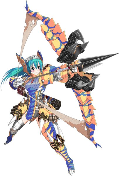Anime picture 1500x2217 with monster hunter rekkusu (armor) nikupizzau single long hair tall image blush blue eyes white background blue hair girl boots armor bow (weapon) arrow (arrows)