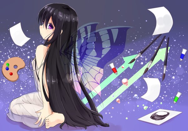 Anime picture 1644x1149 with original kagamine09 single long hair looking at viewer fringe black hair sitting purple eyes bare shoulders looking back kneeling transparent insect wings butterfly wings drawing girl wings transparent clothing paper