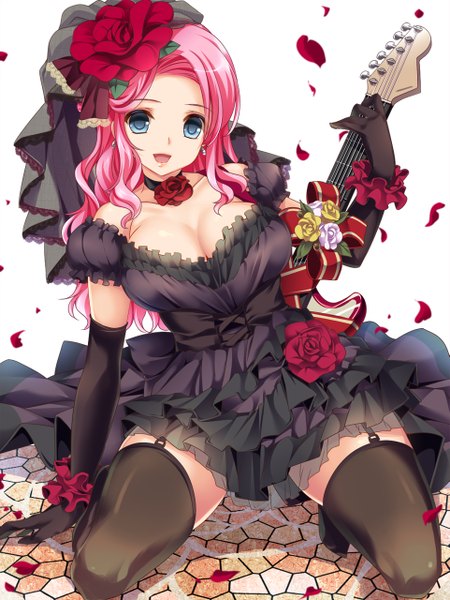 Anime picture 961x1280 with original moneti (daifuku) single long hair tall image looking at viewer open mouth blue eyes pink hair girl thighhighs dress gloves flower (flowers) black thighhighs petals black gloves elbow gloves guitar