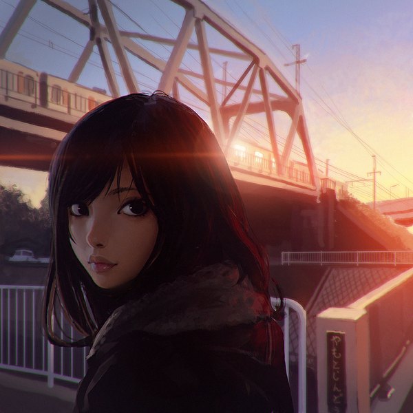 Anime picture 900x900 with original ilya kuvshinov single looking at viewer black hair sky outdoors looking back lips black eyes sunlight realistic city portrait cityscape real world location girl coat bridge power lines