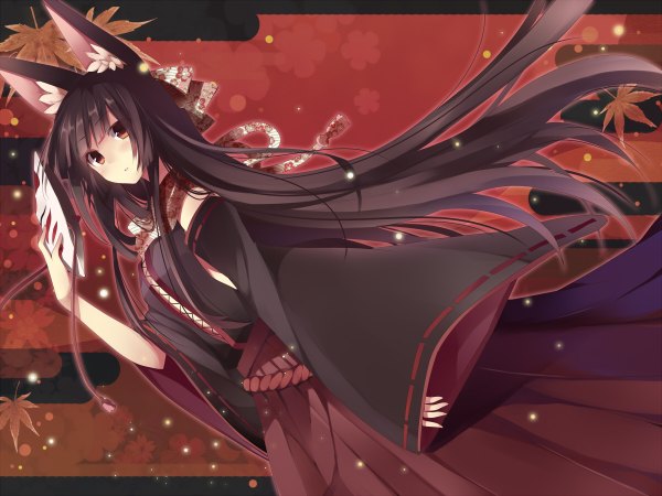 Anime picture 1200x900 with original mishima kurone single long hair blush black hair red eyes animal ears traditional clothes girl detached sleeves leaf (leaves) mask