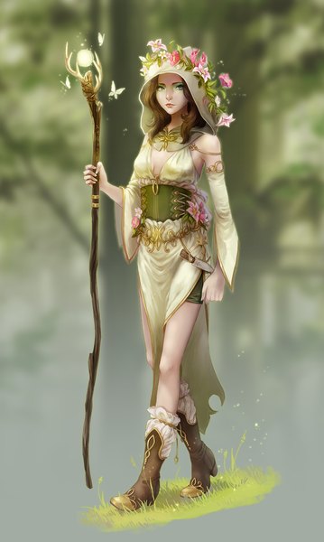 Anime picture 655x1093 with meago (artist) single long hair tall image looking at viewer blue eyes brown hair standing bare shoulders holding long sleeves wide sleeves eyeshadow lacing underbust girl dress flower (flowers) weapon plant (plants)