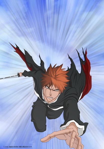 Anime picture 1529x2200 with bleach studio pierrot kurosaki ichigo firewind single tall image short hair simple background brown eyes signed barefoot orange hair coloring torn clothes outstretched arm framed boy weapon sword katana