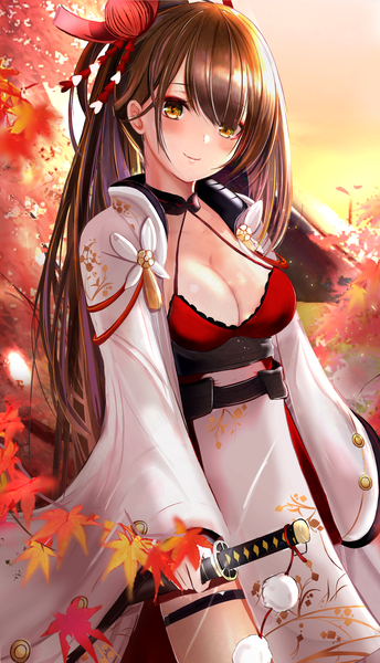 Anime picture 1265x2202 with azur lane zuikaku (azur lane) efuri (riarea00) single long hair tall image looking at viewer blush fringe breasts light erotic smile brown hair standing holding yellow eyes cleavage traditional clothes japanese clothes evening
