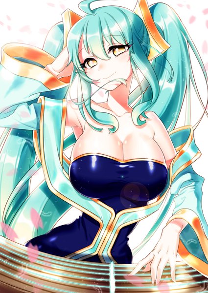 Anime picture 645x911 with league of legends sona buvelle seo (artist) single long hair tall image looking at viewer breasts light erotic smile large breasts bare shoulders yellow eyes aqua hair girl musical instrument harp