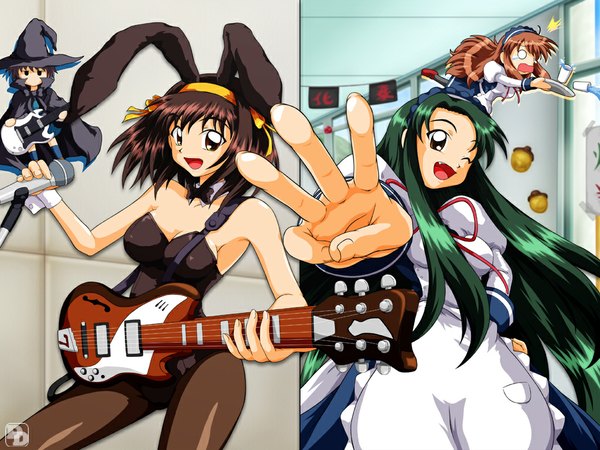 Anime picture 1024x768 with suzumiya haruhi no yuutsu kyoto animation suzumiya haruhi nagato yuki asahina mikuru tsuruya brown hair animal ears green hair bunny ears witch waitress band girl hat pantyhose witch hat microphone bunnysuit musical instrument