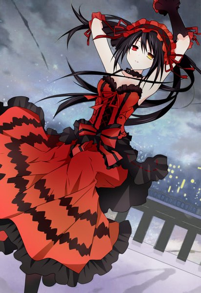Anime picture 1100x1600 with date a live tokisaki kurumi cui qing single long hair tall image fringe breasts open mouth black hair smile red eyes twintails yellow eyes outdoors arms up midriff girl dress bow