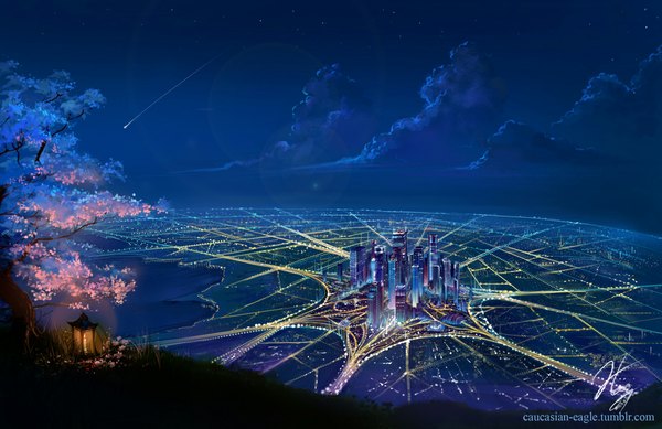 Anime picture 1091x709 with caucasian-eagle sky cloud (clouds) night sky city cityscape city lights shooting star plant (plants) tree (trees) star (stars) lantern candle (candles) road