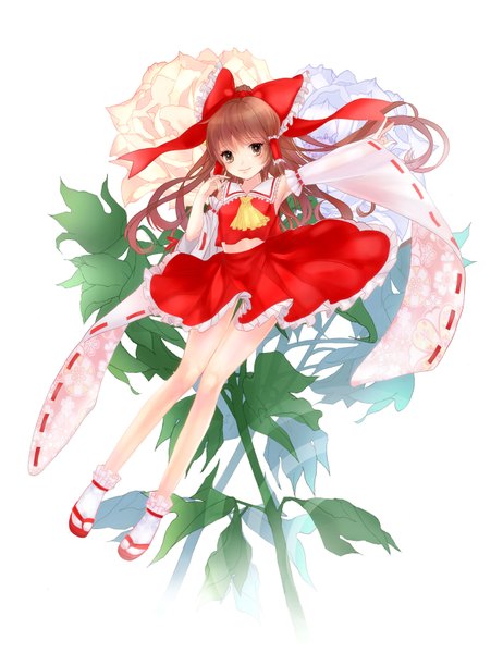 Anime picture 1289x1673 with touhou hakurei reimu torimame single long hair tall image looking at viewer simple background smile brown hair white background brown eyes legs miko girl flower (flowers) bow hair bow detached sleeves socks