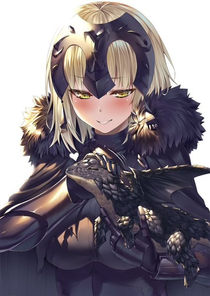 Anime picture 864x1220 with fate (series) fate/grand order jeanne d'arc (fate) (all) jeanne d'arc alter (fate) heirou single tall image blush fringe short hair breasts blonde hair simple background smile hair between eyes white background holding yellow eyes upper body parted lips