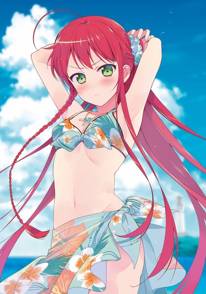 Anime picture 1350x1920 with hataraku maou-sama! white fox yusa emi 029 single long hair tall image looking at viewer blush fringe breasts standing bare shoulders green eyes pink hair cloud (clouds) ahoge ponytail braid (braids) blurry