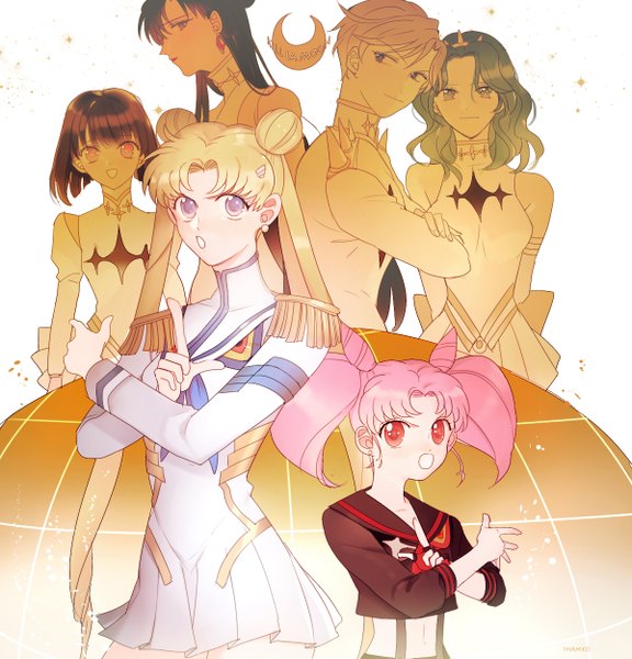 Anime picture 1200x1250 with bishoujo senshi sailor moon kill la kill toei animation studio trigger tsukino usagi sailor moon chibiusa tomoe hotaru kaiou michiru sailor saturn tenou haruka sailor chibi moon meiou setsuna sailor neptune sailor uranus sailor pluto long hair tall image looking at viewer short hair