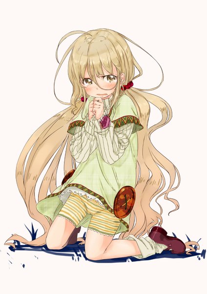 Anime picture 1412x2000 with idolmaster idolmaster cinderella girls futaba anzu abe kanari single long hair tall image blush open mouth blonde hair simple background hair between eyes white background twintails yellow eyes payot tears kneeling low twintails striped