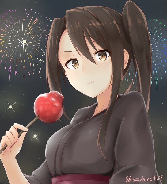 Anime picture 1000x1100 with kantai collection nachi heavy cruiser azuhira single long hair tall image fringe hair between eyes brown hair brown eyes signed upper body traditional clothes japanese clothes light smile night side ponytail fireworks festival girl